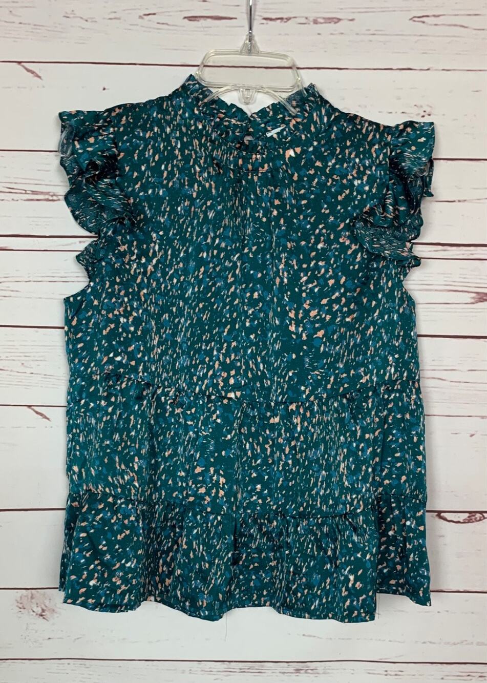 THML Anthropologie Women's S Small Teal Print Ruffle Short Sleeve Top Blouse